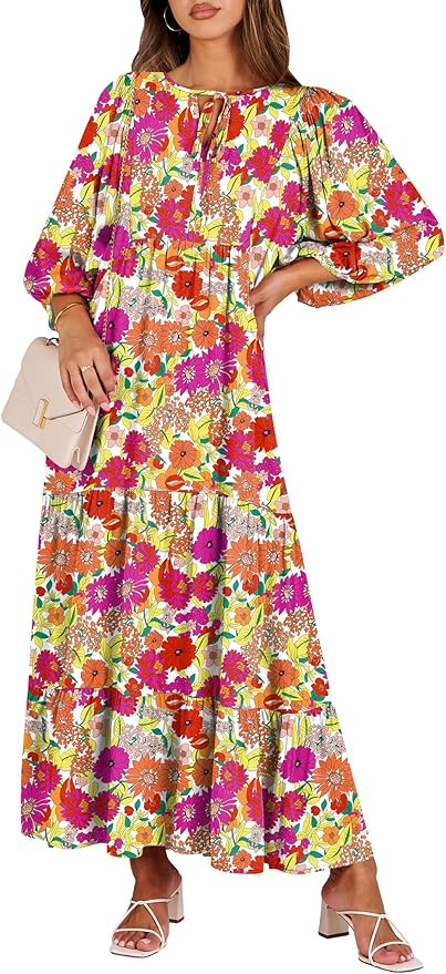 ANRABESS Womens Boho Maxi Dresses 2026 Summer V Neck Puff Sleeve Floral Flowy Swing Fall Casual L... | Amazon (US)