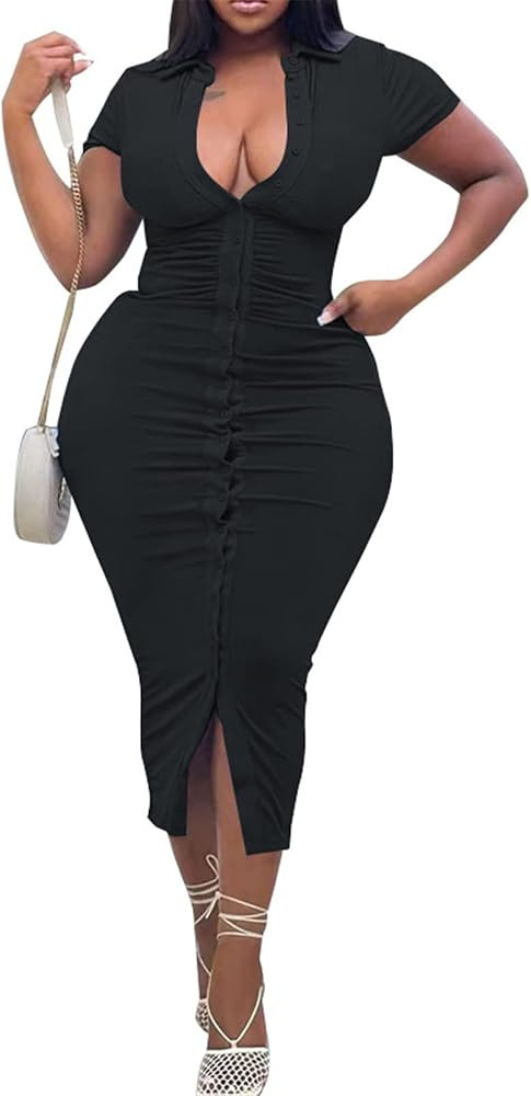 Women's Sexy Lapel Short Sleeve Deep V Neck Ruffles Plus Size Ruched Button Bodycon Cocktail Part... | Amazon (US)