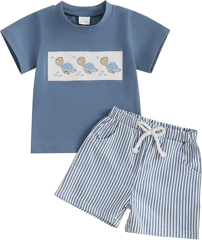 CIYCUIT Toddler Baby Boy Clothes Embroidered Print T-Shirt and Striped Shorts 2 Piece Outfit Set | Amazon (US)