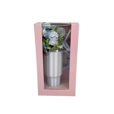 Striped Tumbler with Straw and Artificial Flower Gift Set, Blue, 40 oz, Mother's Day by Way To Celebrate | Walmart (US)