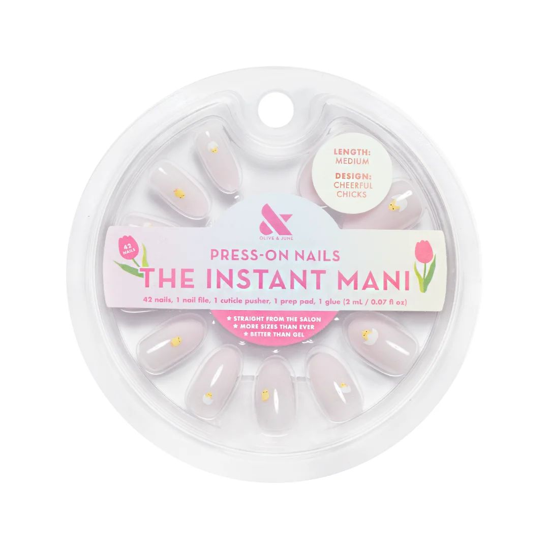 Olive & June Instant Mani Medium Oval Press-On Nails, White, Cheerful Chicks, 42 Pieces | Walmart (US)