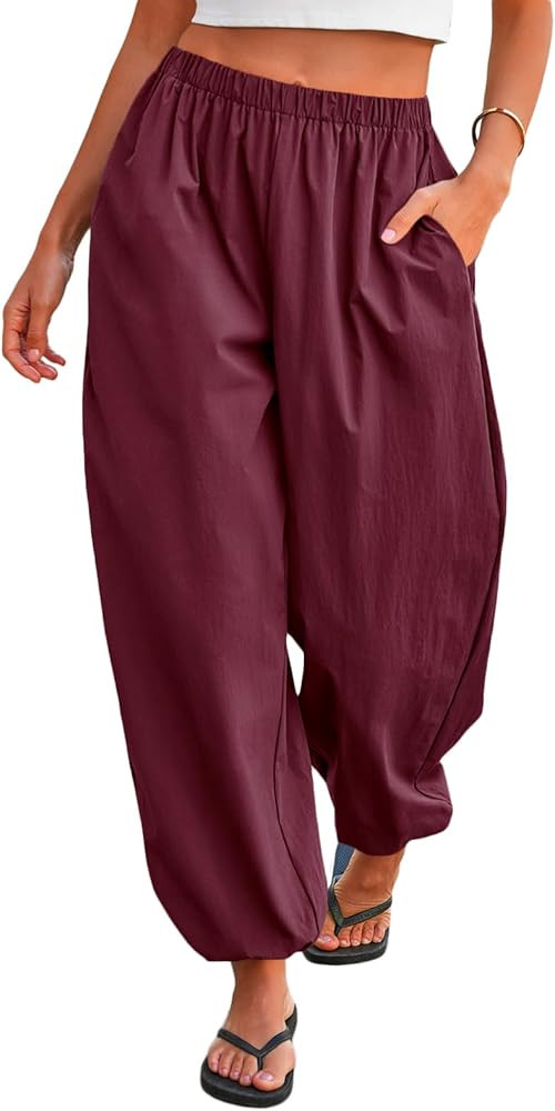 Tankaneo Womens Balloon Pants Trendy Casual Elastic Waist Wide Leg Harem Pants Baggy Pleated Lantern Trousers | Amazon (US)
