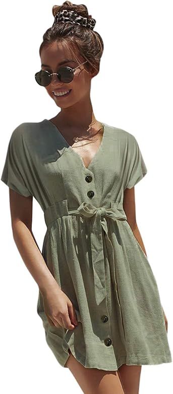 Simplee Women's V Neck Short Sleeve Dress Button Down Mini Dress with Tie Belt | Amazon (US)