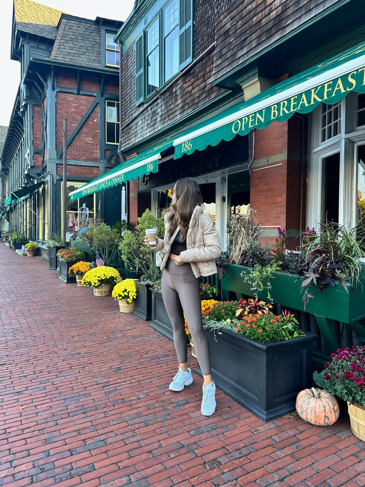 Fall/winter activewear outfit. This sheer top is an all time fav! Wearing a size S in top, leggings & puffer // Fall outfit, winter outfit, activewear outfit, neutral activewear outfit