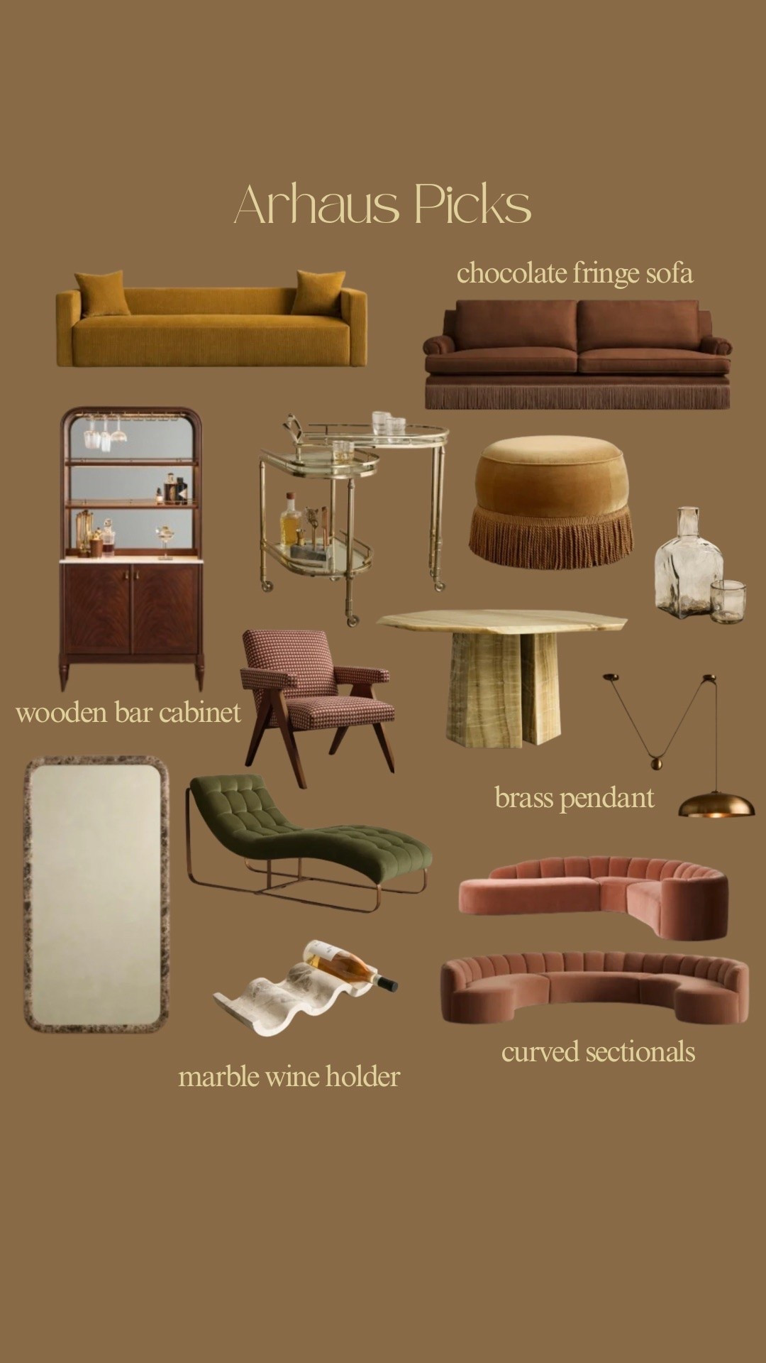 Arhaus picks - the chicest home finds!!! 
Bar cabinet 
Fringe sofa 
Curved Sectional 
Fringe ottoman 
Marble dining table 
Glass carafe 
Dining chair 
Bar cart 
Chaise 
Marble mirror 
Brass Pendant 
Marble wine holder 
Living room decor  
Interior design 
Dining room decor 
Home decor

#LTKSaleAlert #LTKHome #LTKOver40