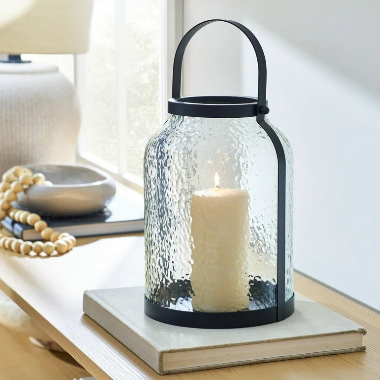 Better Homes & Gardens Black Metal Hammered Glass Candleholder Lantern, 11", Large | Walmart (US)