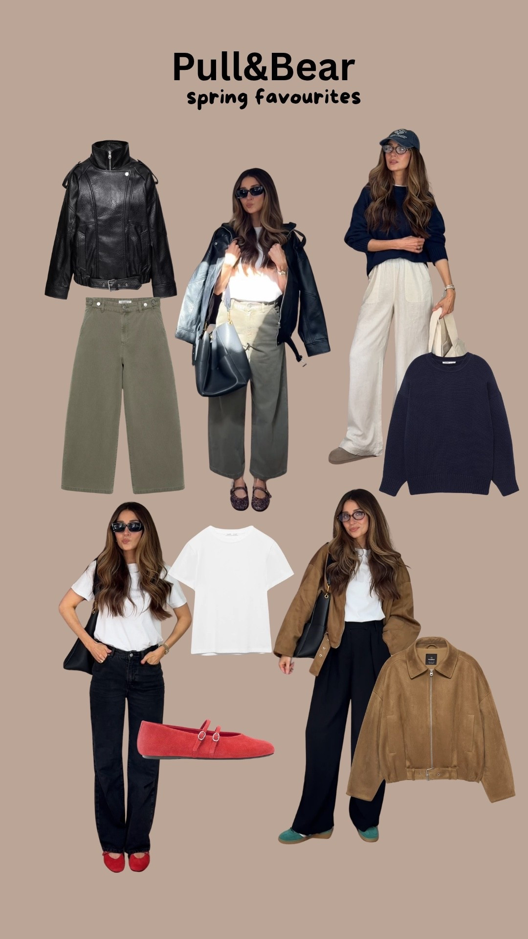 Top picks from Pull&Bear for Spring ✨ 

Leather jacket, suede jacket, red ballet pumps, navy jumper, khaki balloon jeans ✨ 

#pullandbearcommunity 

#LTKspring #LTKeurope #LTKuk