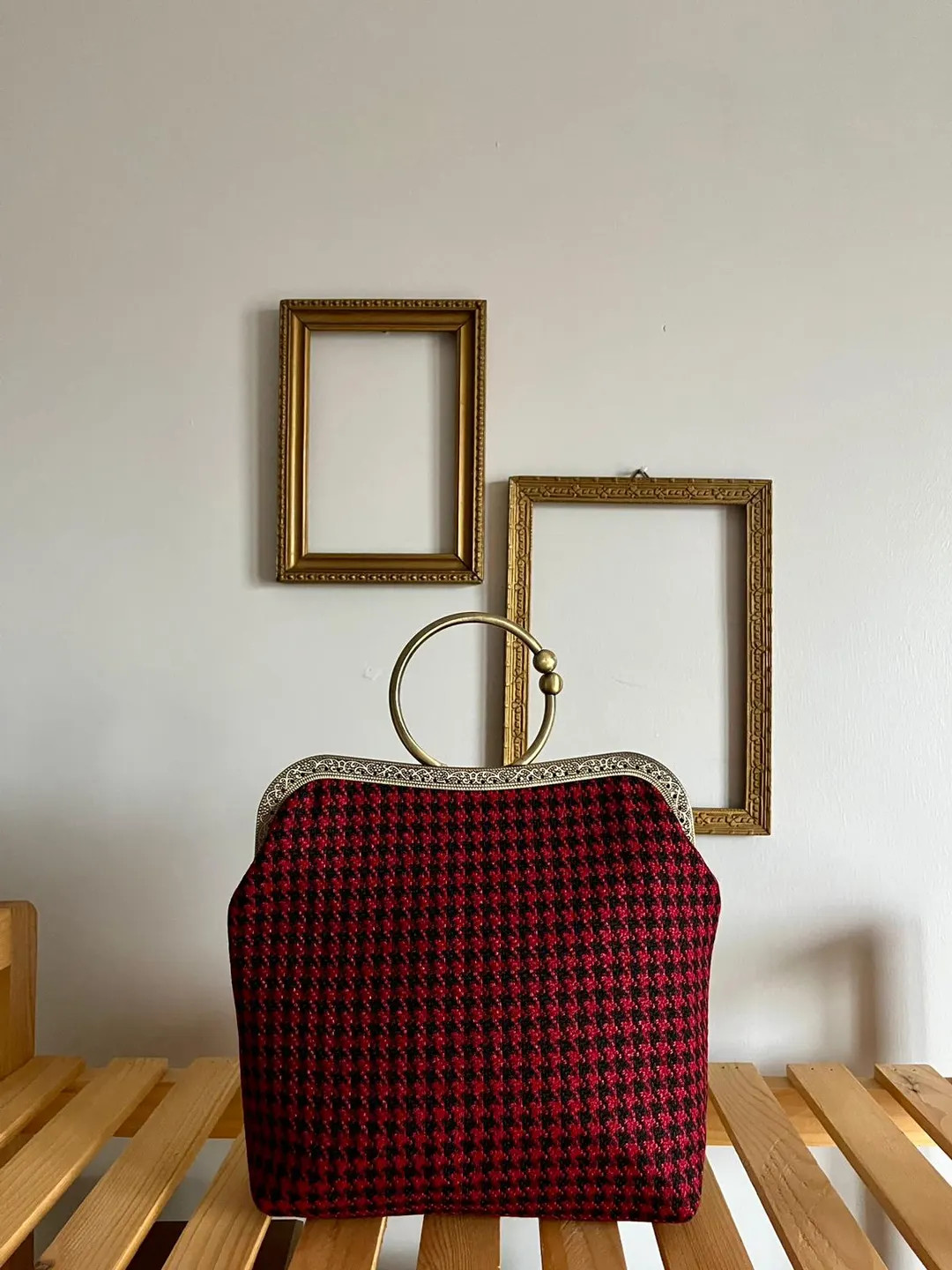Vintage Houndstooth Wool Evening Bag: Red & Black, Antique Brass Handle - Etsy | Etsy (US)