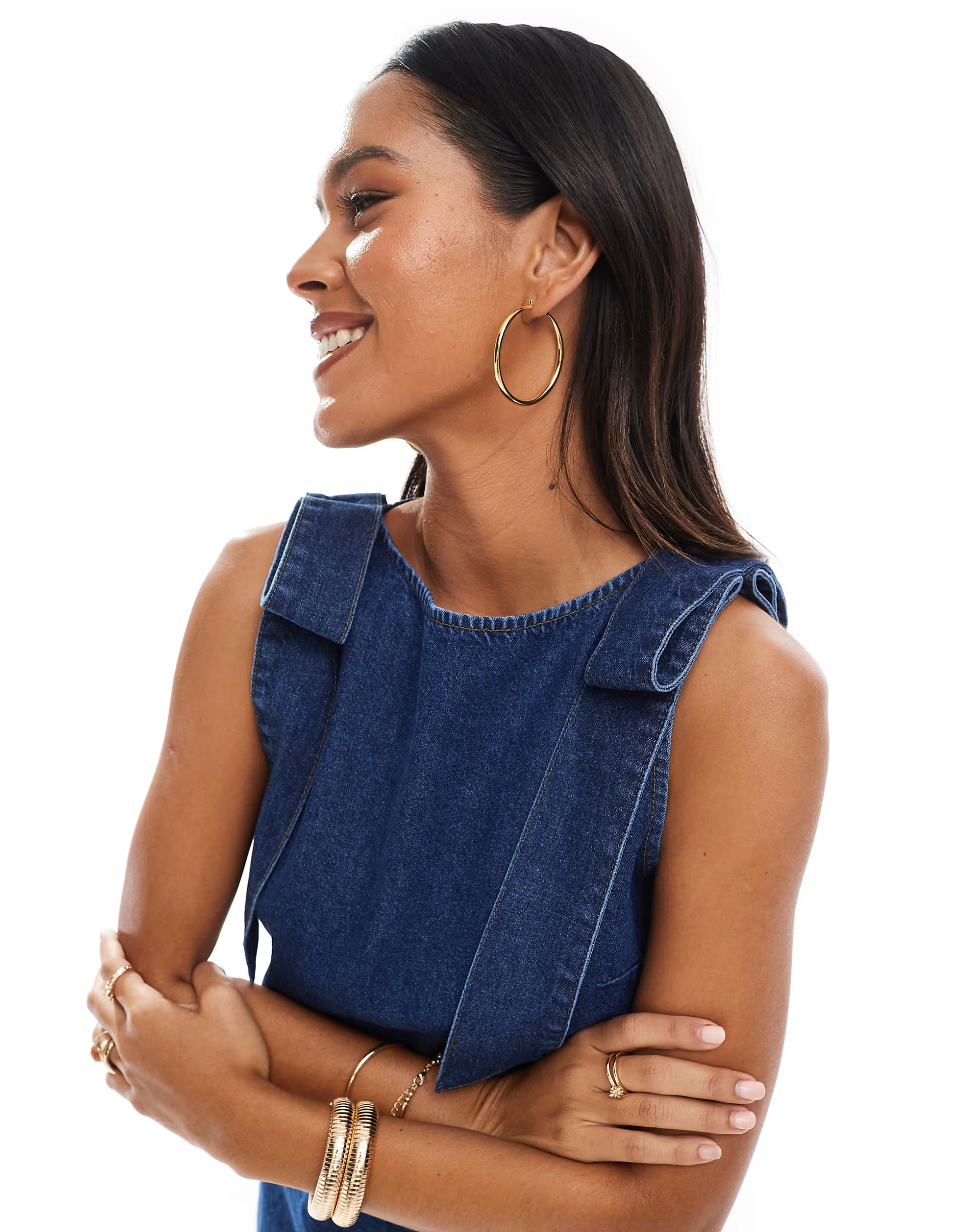 ASOS DESIGN denim mini shift dress with bow shoulders | ASOS (Global)