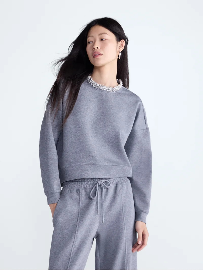 Scoop Women's and Women's Plus Scubaknit Pearl Embellished Sweatshirt, Sizes XS-4X | Walmart (US)