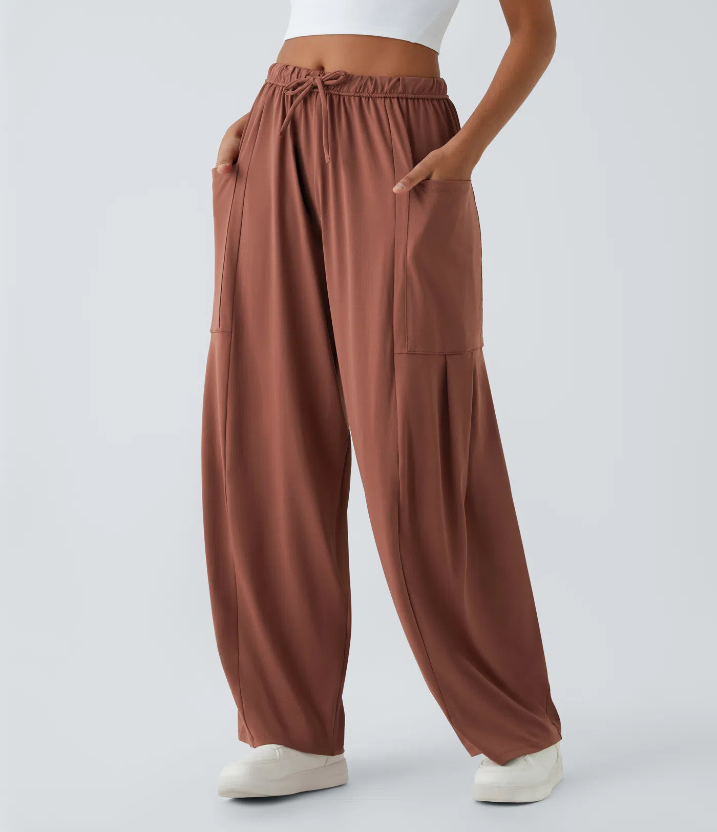 Women’s Mid Rise Elastic Waistband Drawstring Pocket Palazzo Flowy Wide Leg Casual Pants - Hala... | HALARA