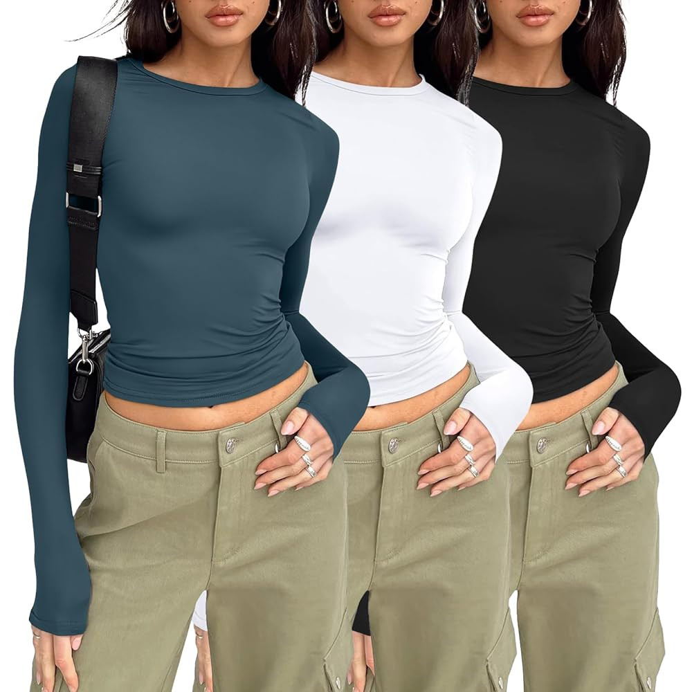 AUTOMET 3 Pack Womens Long Sleeve T Shirts Fall Fashion Basic Going Out Crop Tops Slim Fitted Win... | Amazon (US)