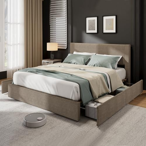 IDEALHOUSE Full Size Bed Frame with Tufted Wingback Headboard, Platform Corduroy Upholstered Bed Frame with 4 Storage Drawers and Wooden Slats Support, No Box Spring Needed, Brown | Amazon (US)