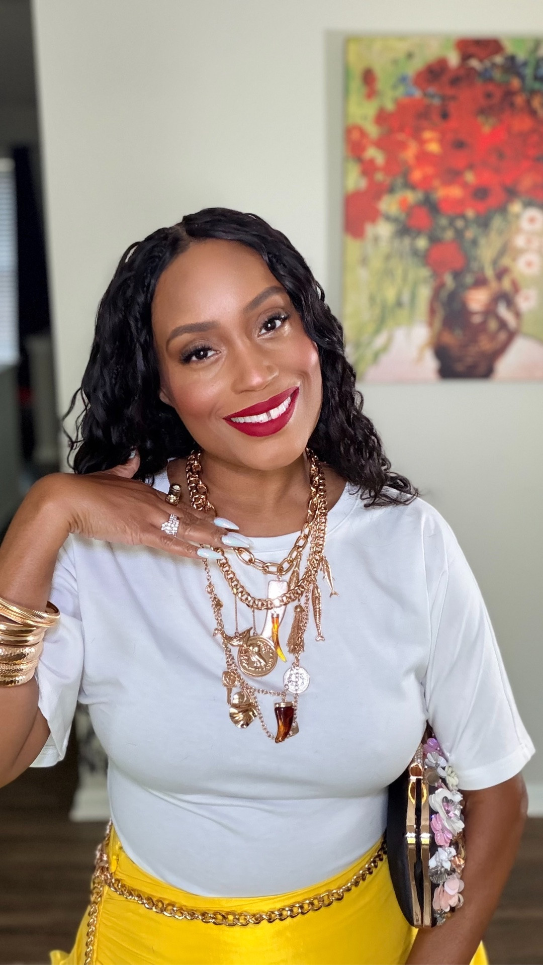Here’s an LTK caption that fits your style and isn’t overly promotional:

A little behind-the-scenes from this look. ✨ I switched the belt because I didn’t love the way it was hanging, layered my favorite Zara necklace, and finished with a bold red lip. Sometimes it’s the smallest styling changes that make the biggest difference. Everything I can link is tagged here! 🤍

Linked:

* Amazon tee
* Akira ruffle skirt
* Zara layered necklace
* Amazon belt
* Amazon bangles
* Pebby Forevee ring
* ASOS heels
* The Lip Bar lipstick
* Purse (if it’s linkable on Amazon, add it too; if not, leave it off)

#LTKOver40 #LTKgrwm #LTKootd