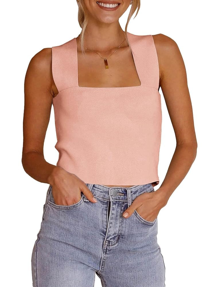 Zwurew Women's Knit Square Neck Tank Tops 2025 Summer Casual Sleeveless Sweater Fitted Shirts Tan... | Amazon (US)