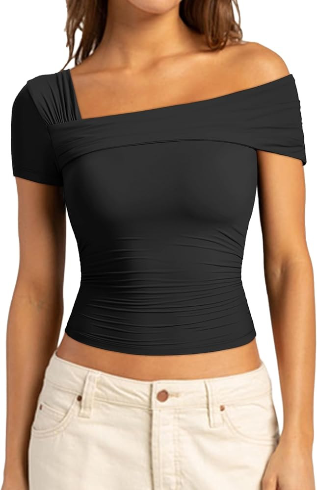 SUUKSESS Women One Off The Shoulder Summer Tank Tops Ruched Short Sleeve Shirts | Amazon (US)