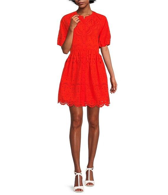 x Kimberly Whitman Rose Eyelet Jewel Neck Short Puff Sleeve Scallop Hem Button Front Dress | Dillard's