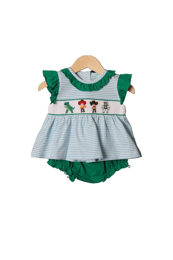 Smocked Friends Blue Stripe/Green Knit Bloomer Set | The Smocked Flamingo