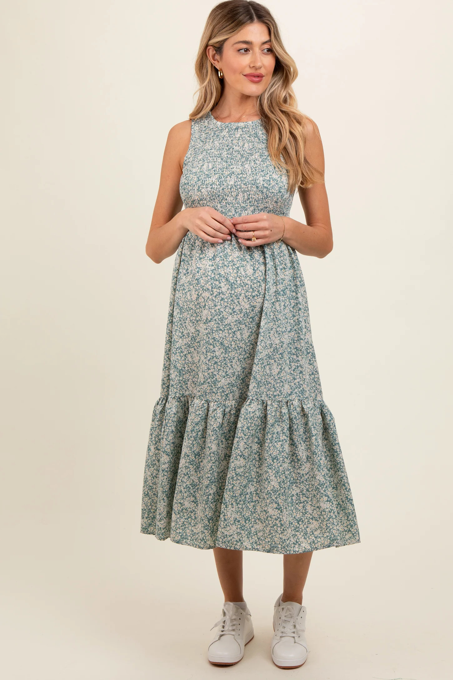 Teal Floral Smocked Ruffle Hem Sleeveless Maternity Midi Dress | PinkBlush Maternity