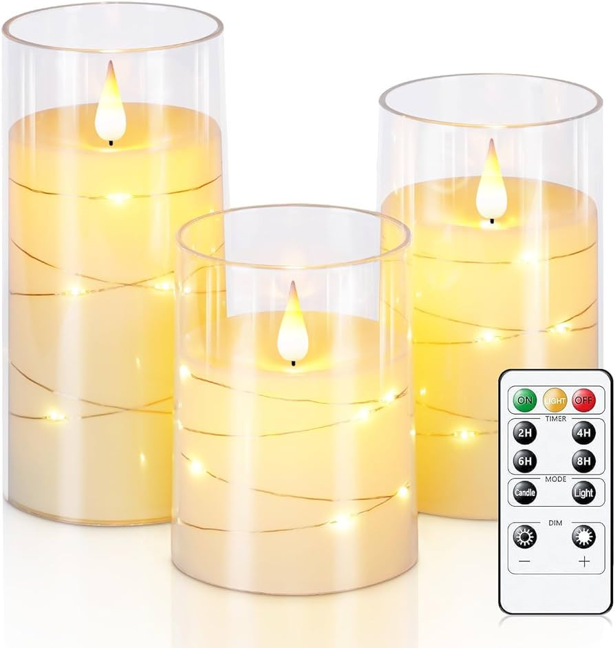 Homemory Flickering Flameless Candles with String Lights, Battery Operated Candles, Embedded Stri... | Amazon (US)