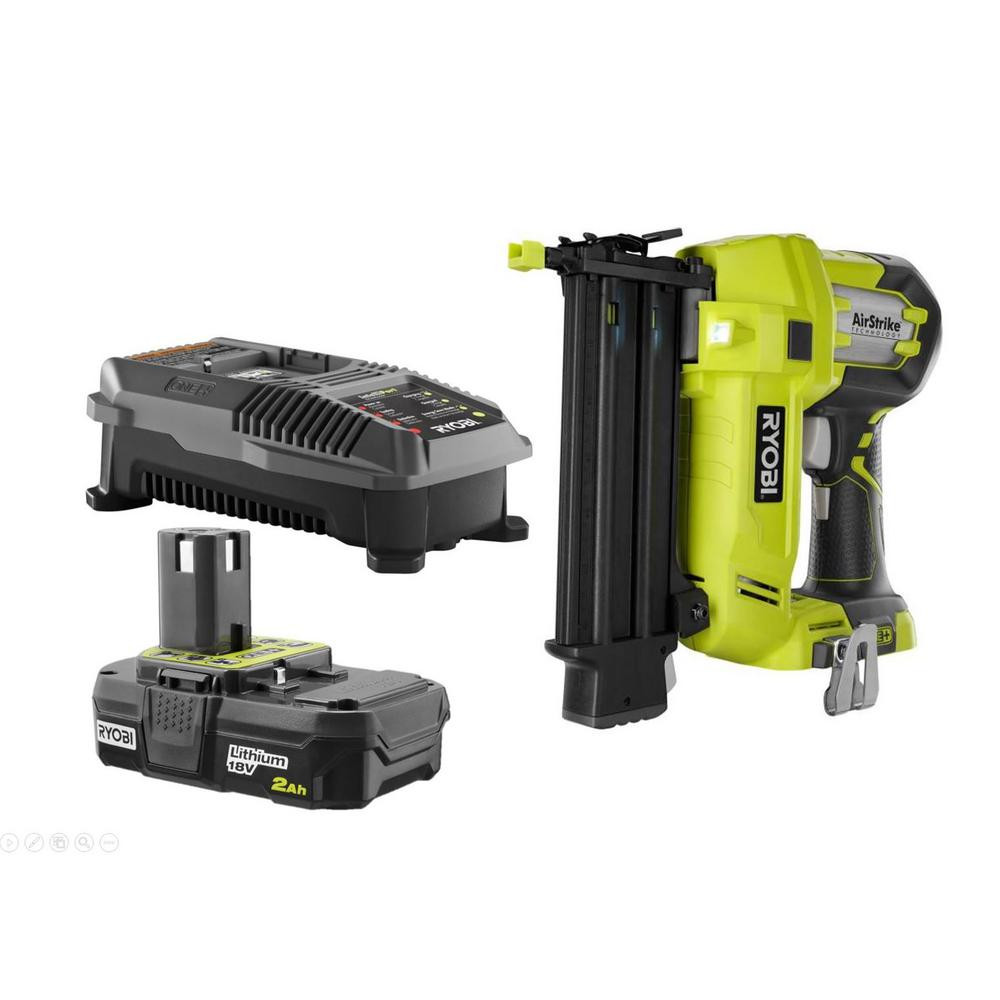 RYOBI 18-Volt ONE+ Lithium-Ion Cordless AirStrike 18-Gauge Brad Nailer Kit with Sample Nails-P320... | The Home Depot