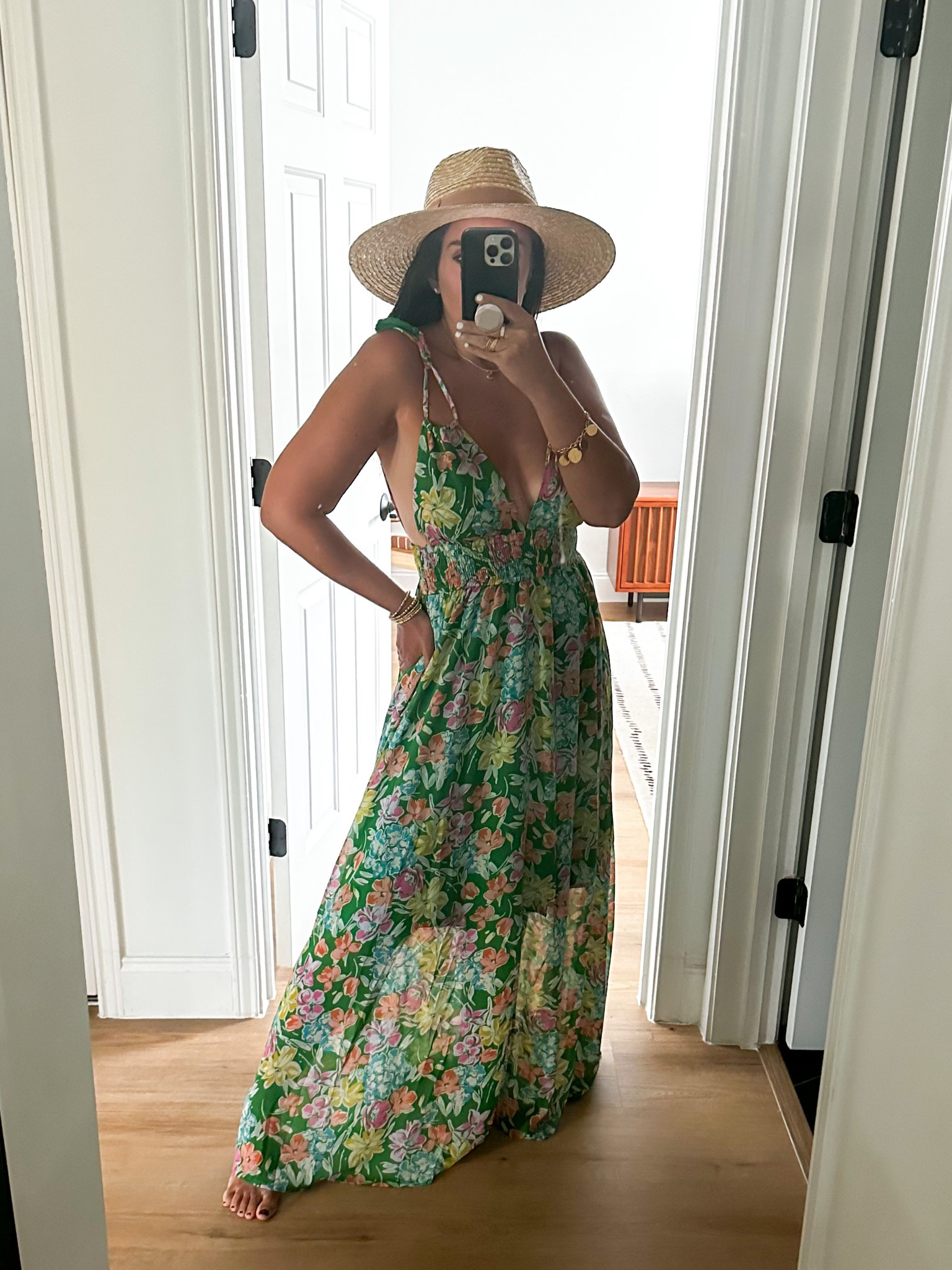 Red Dress Sunkissed Feeling Green Floral Print Dress wearing size small