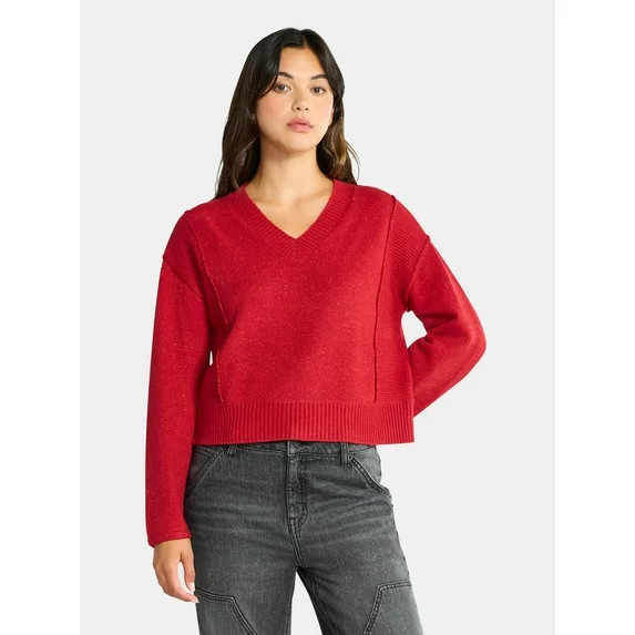 Time and Tru Women's Ribbed V Neck Sweater, Lightweight, Sizes XS-XXXL | Walmart (US)