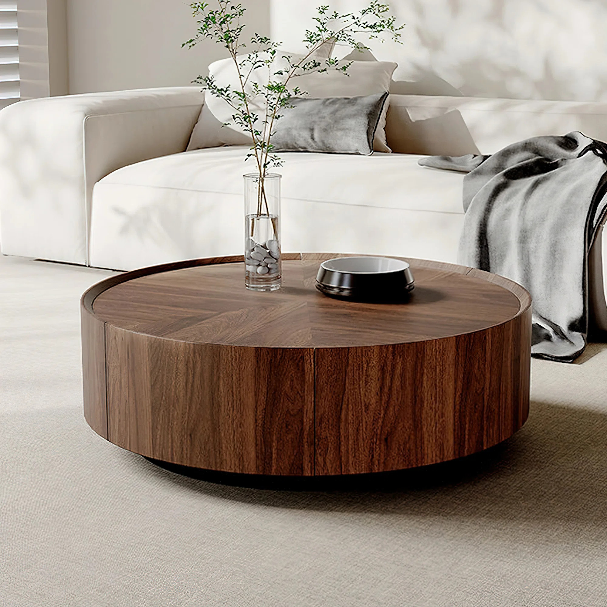 Loon Peak® Kemberton Walnut Round Coffee Table with Storage Drawers Black Base & Reviews | Wayfa... | Wayfair North America
