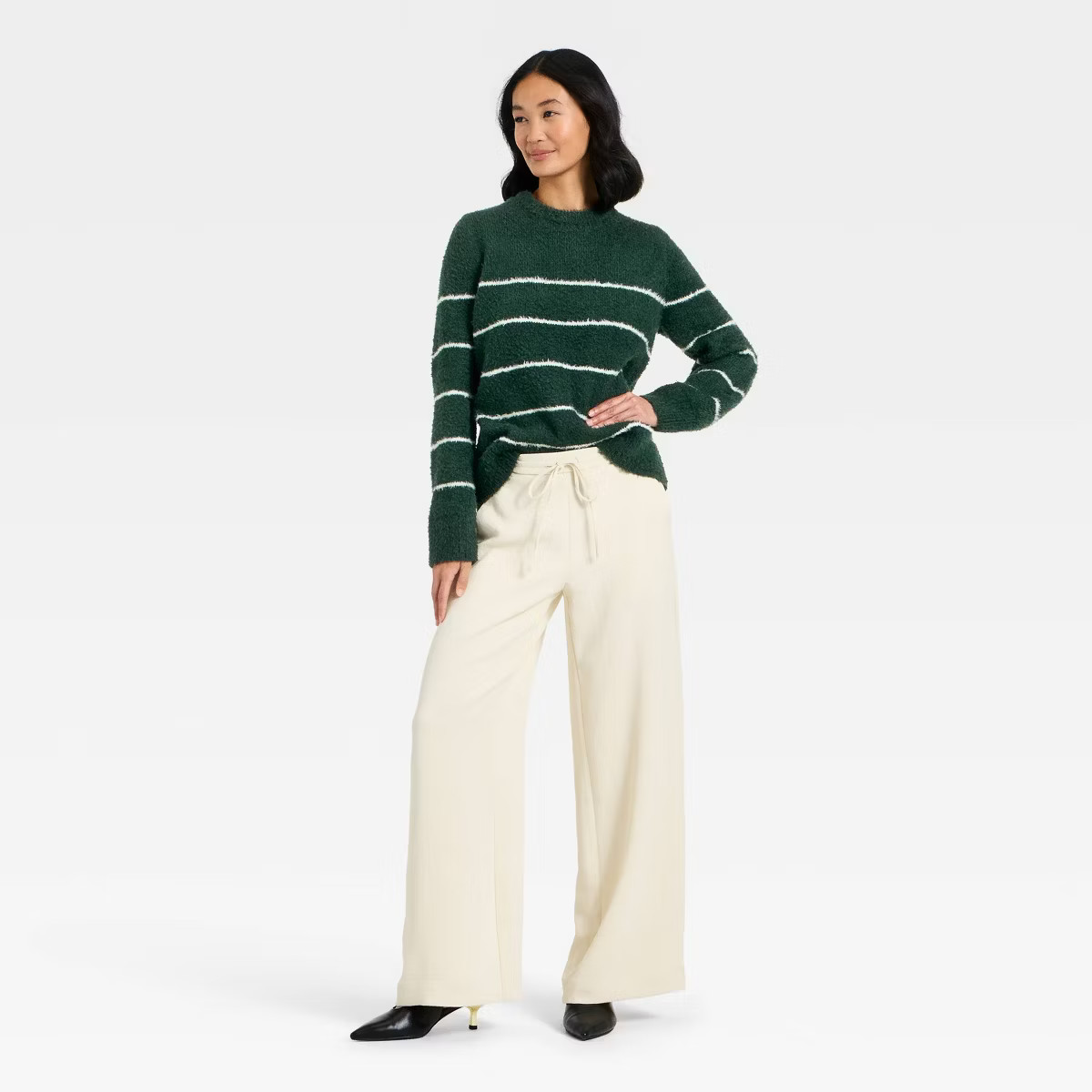 Women's Long Sleeve Fuzzy Pullover Sweater - A New Day™ Green Striped M | Target