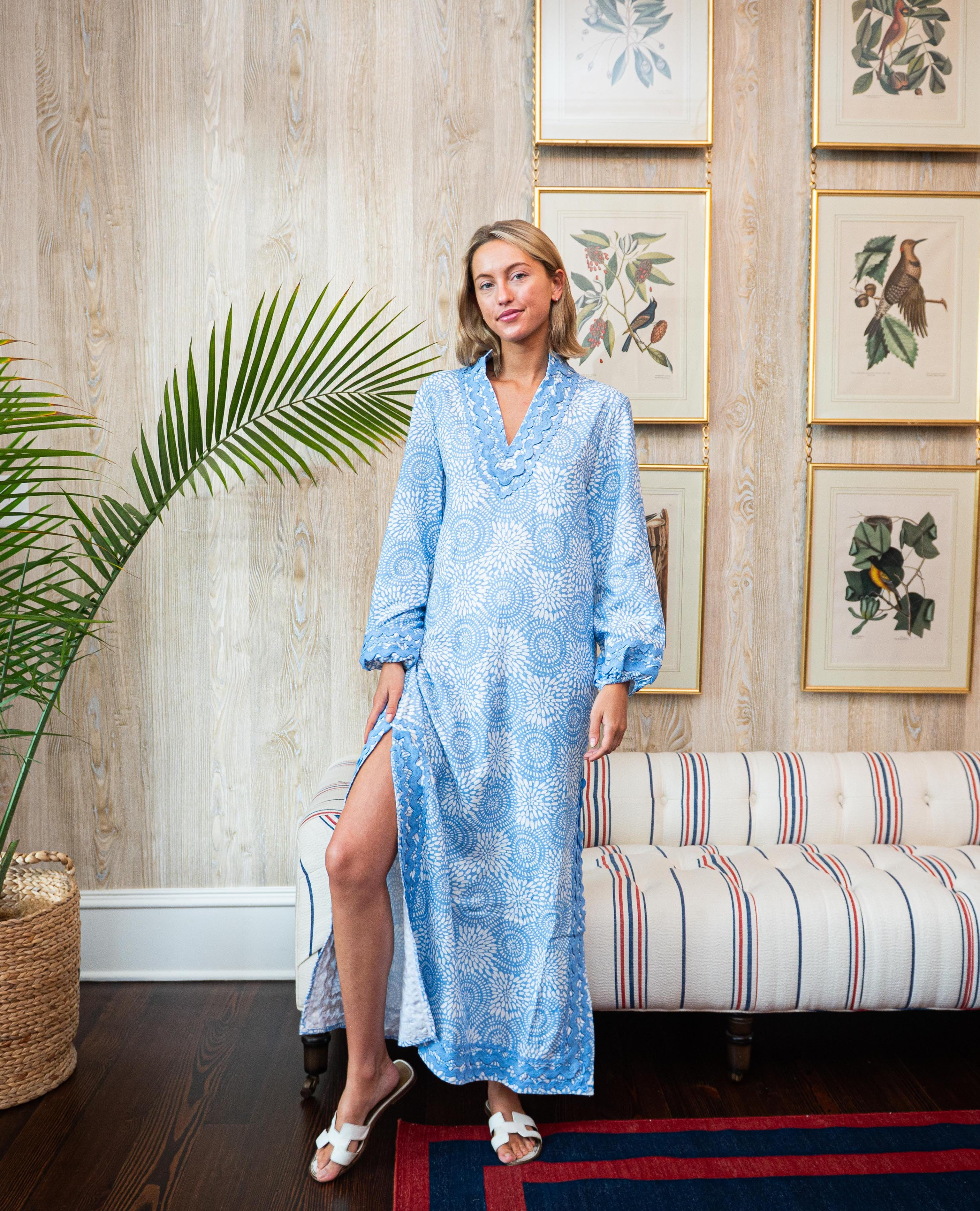 Blue Dot Matrix Long Sleeve Classic Maxi Tunic with Ric Rac | Sail to Sable
