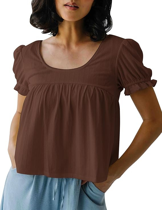 Women's Puff Short Sleeve Babydoll Tops Summer Casual Square Neck Empire Waist Shirt Blouse with ... | Amazon (US)