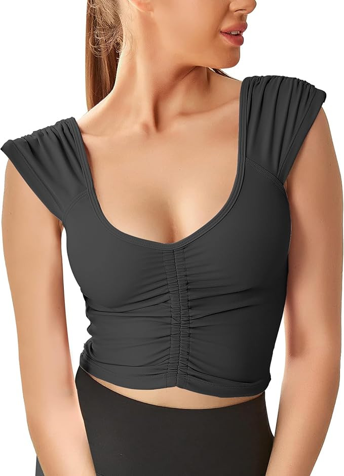 Women Workout Tops Sleeveless Yoga Longline Sports Bra Cutout Short Sleeve Crop Tank Top Gym Runn... | Amazon (US)