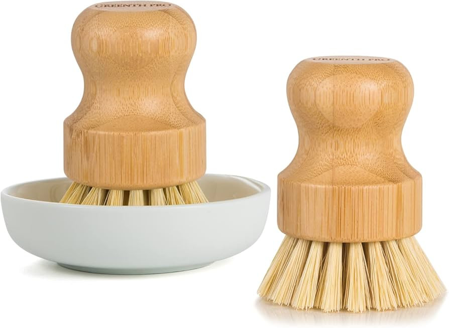 Bamboo Dish Brush-2 Pack Nature Sisal Scrubber Brush with Ceramics Holder-Wooden Brush for Pot,Di... | Amazon (US)
