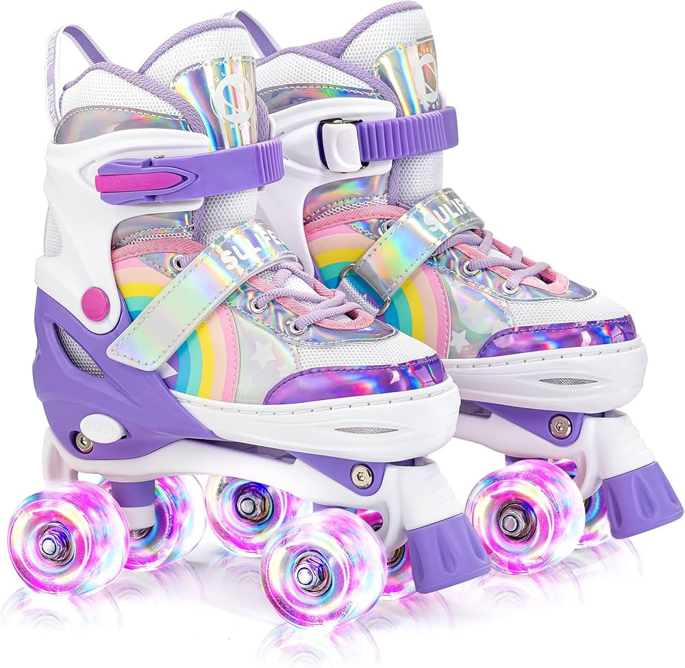 SULIFEEL Rainbow Unicorn 4 Size Adjustable Light up Roller Skates for Girls Boys for Kids | Amazon (US)