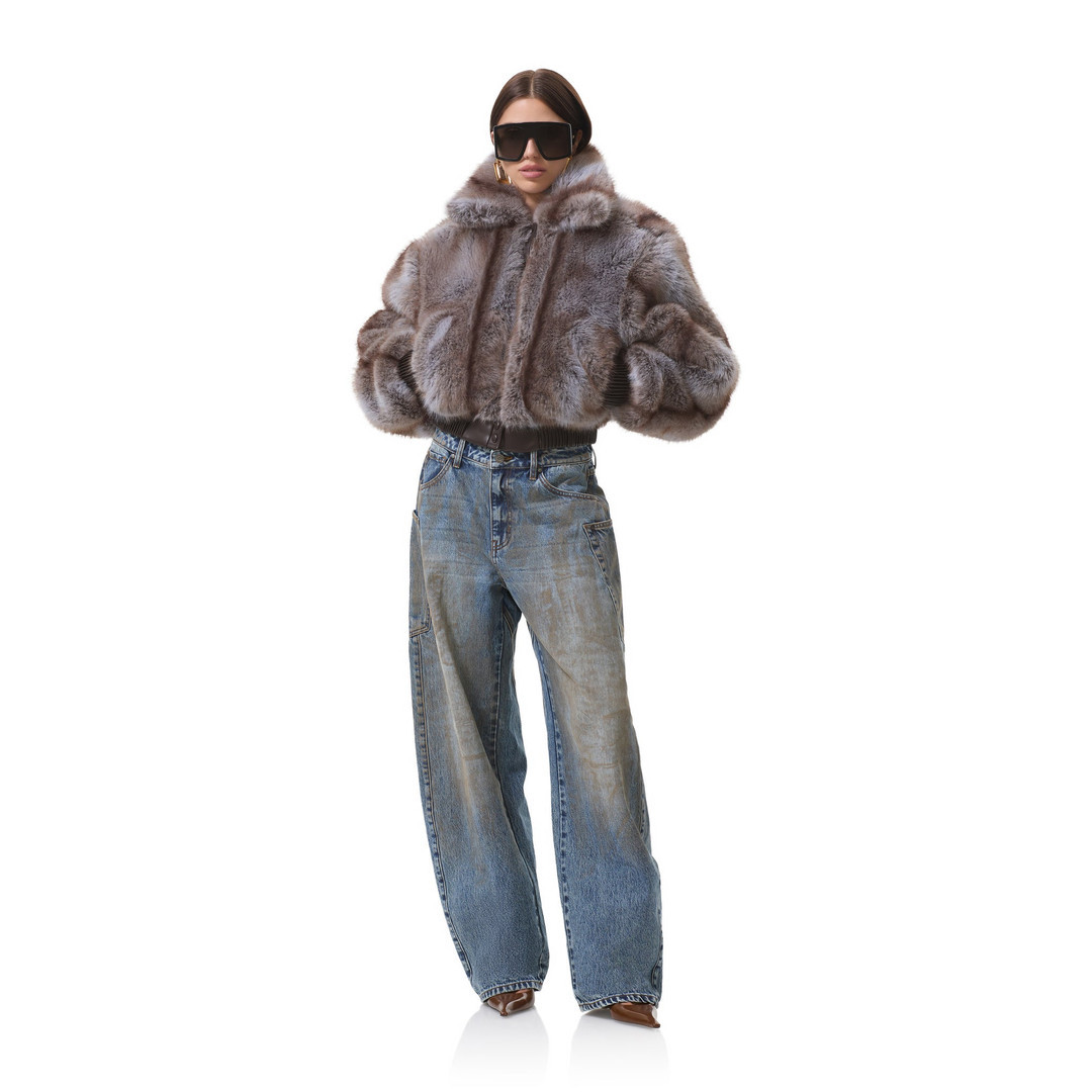 Adelaide Fur Bomber Jacket - Lilac Brown Stripe | ShopAFRM