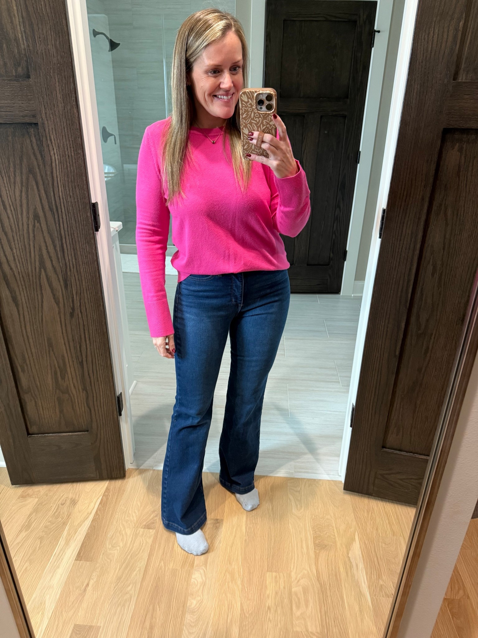 Love this lightweight sweater, wearing a medium. Denim fits true to size and is only $25.! 

#LTKMidsize #LTKmomlife #LTKgrwm