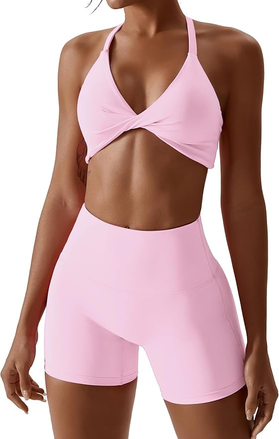 ABOCIW Workout Sets for Women 2 Piece Twist Front Halter Sports Bras High Waist Biker Shorts Exer... | Amazon (US)