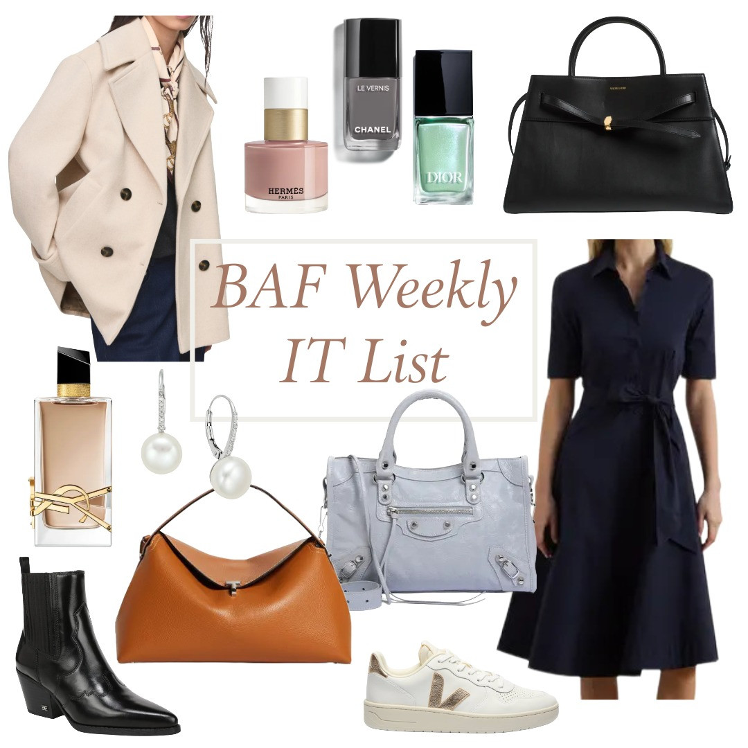 What's trending on the blog this week. The anonymous handbag, classic shirt dress, cozy peacoat, winter nail polish, pink nail polish, spring nail polish, pearl jewelry, and comfy shoes. 

 #LTKActive #LTKSaleAlert #LTKBeauty