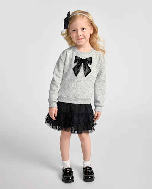 Baby And Toddler Girls Lace Bow Sweatshirt Dress - Gray | The Children's Place