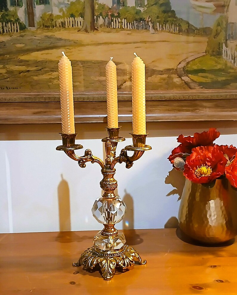 Vintage Gold Hollywood Regency Candlestick Holder 3 Arm Light Reflecting Crystal - Etsy | Etsy (US)
