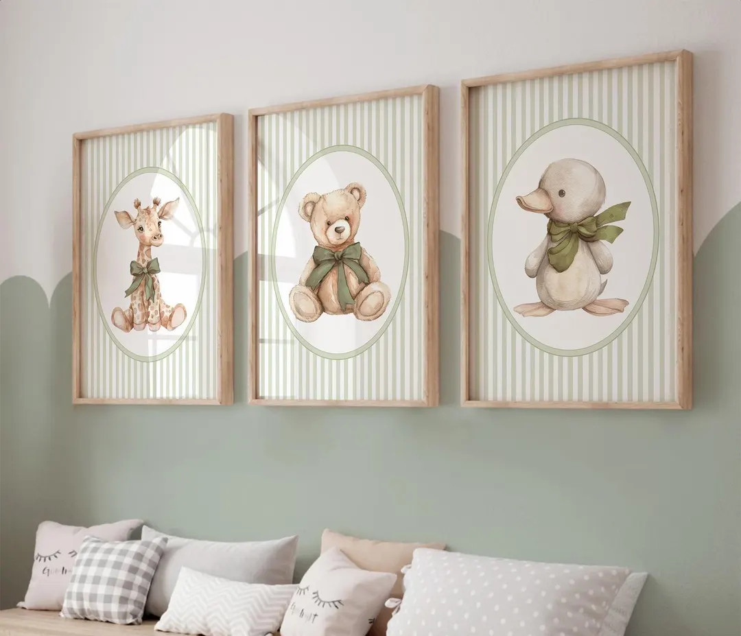 Sage Green Nursery Wall Art, Animal Nursery Decor, Set of 3, Sage Green Baby Shower Gifts, Neutra... | Etsy (US)