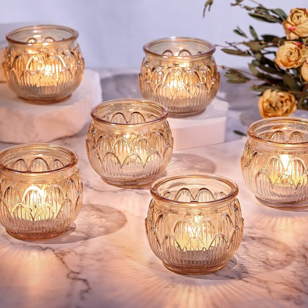 Gold Votive Candle Holders Set of 12PCS, Round Glass Tealight Candle Holders for Wedding Table Ce... | Amazon (US)