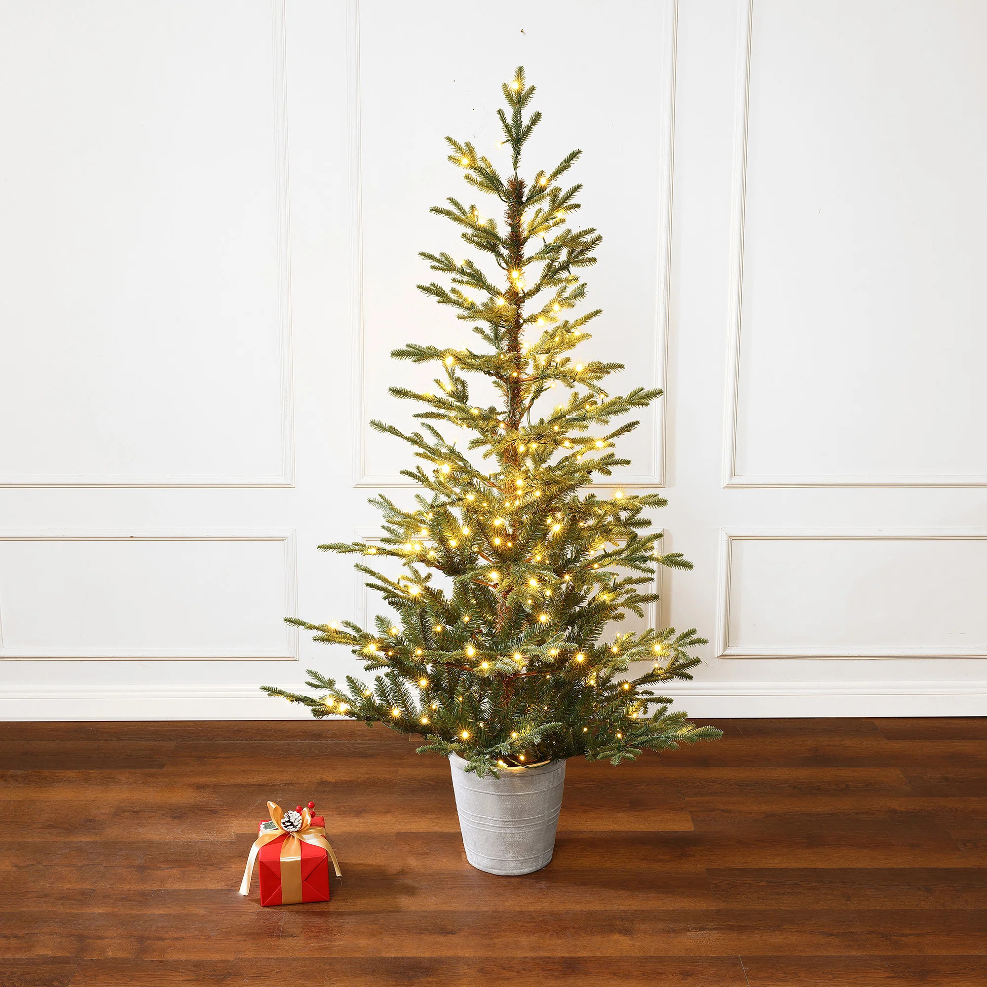 Red Barrel Studio® 5.5Ft Pre-Lit Green Artificial Fir Christmas Tree with Round Planter Pot | Wa... | Wayfair North America