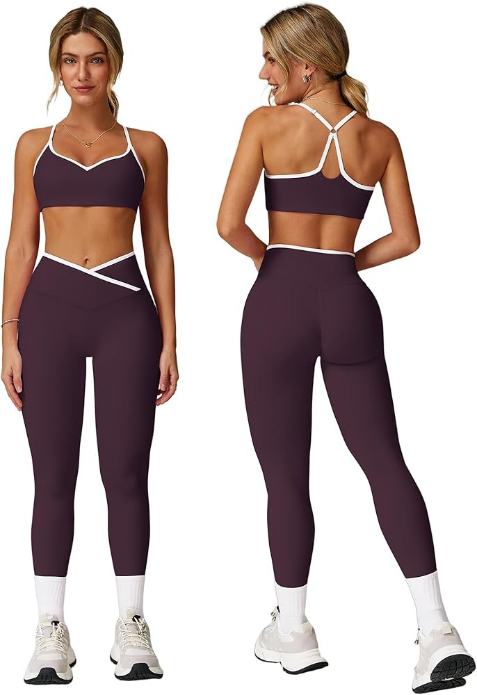 ABOCIW Workout Sets for Women 2 Piece Color Block Strappy Sports Bra High Waist Shorts Gym Yoga P... | Amazon (US)