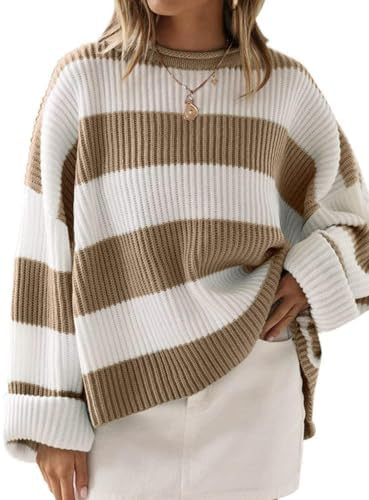 ZESICA Women's 2026 Fall Long Sleeve Oversized Striped Color Block Comfy Loose Crew Neck Knitted ... | Amazon (US)
