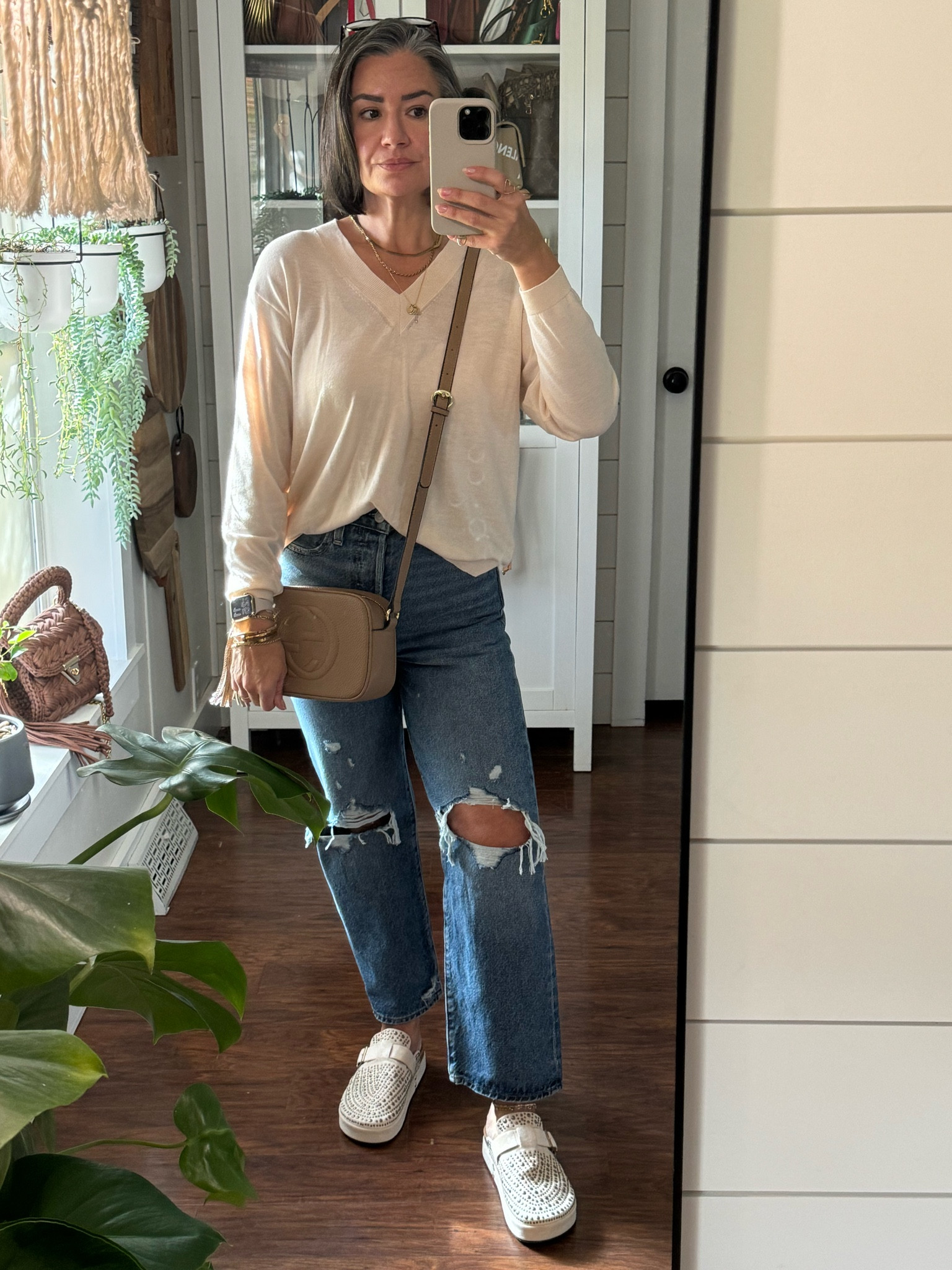 OOTD for running errands. All fit TTS. I’m 47, 5’3.5” 125lbs with 32DD and 25 in waist. Top XS, jeans 25 (these are rigid and will be tight until broken in. Wash cold, hang to dry) and bag/shoes are “look for less” 

#LTKShoeCrush #LTKOver40 #LTKStyleTip
