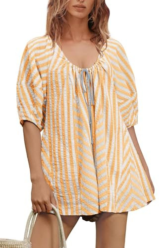ReachMe Rompers for Women Summer Outfits Oversized Striped Puff Sleeve Romper Dress 2025 Beach Vacation Clothes (Ginger,S) | Amazon (US)