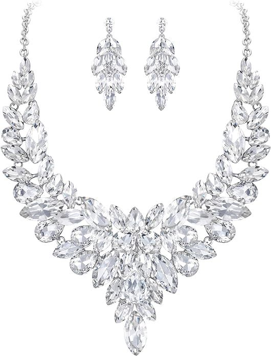 BriLove Women's Costume Fashion Crystal Cluster Chunky Statement Necklace Dangle Earrings Set | Amazon (US)