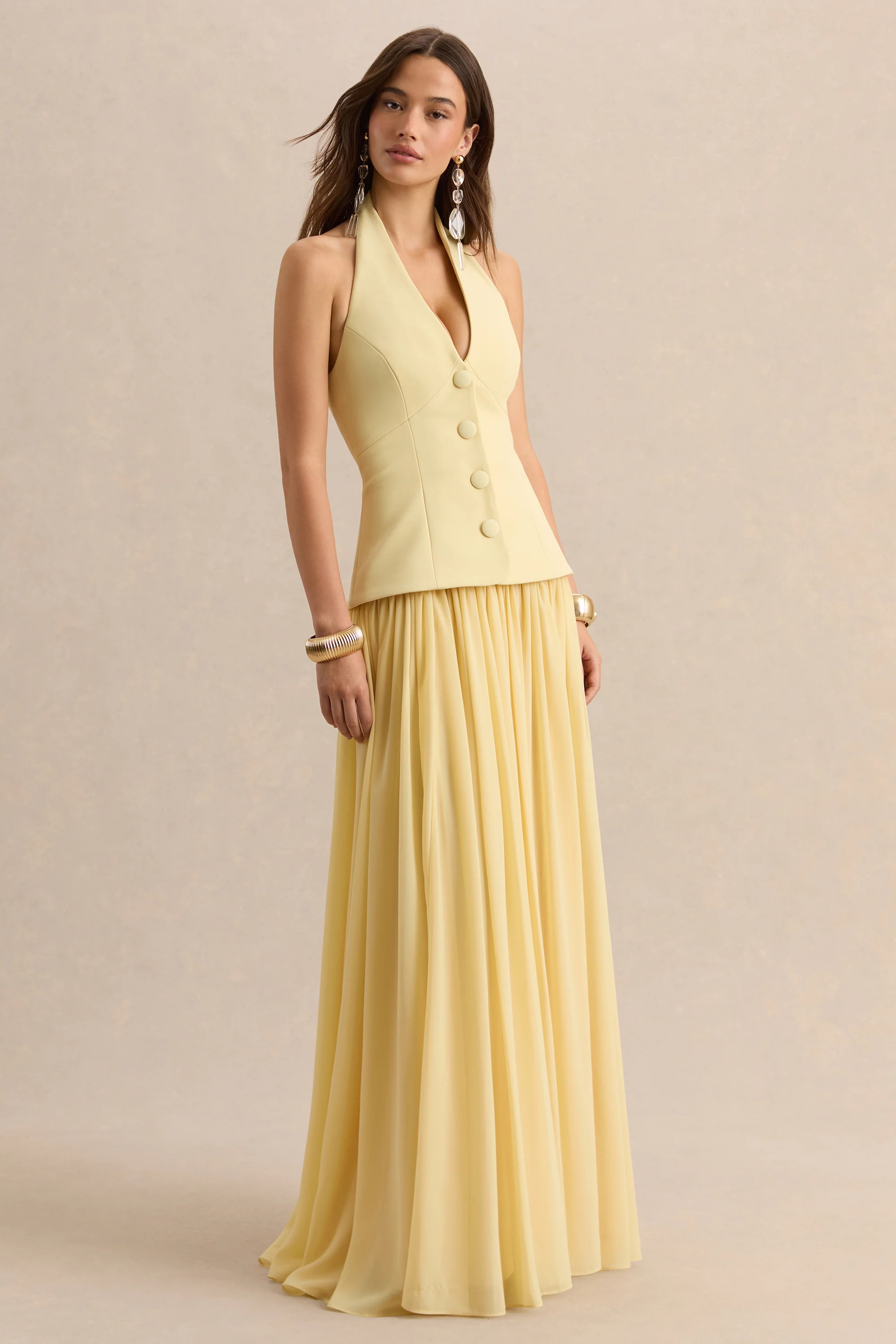 Zarina | Lemon Plunge-Neck Maxi Dress | Club L London