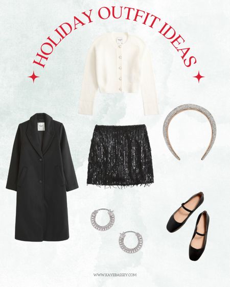 Holiday party outfit idea 
Long black coat 
Soft cream cardigan with pearl buttons
Sequin mini skirt 
Rhinestone headband and earrings
Black ballet flats 

#holidays #holidayparty #holidayoutfit #christmas #festive 

#LTKSeasonal #LTKparties #LTKHoliday